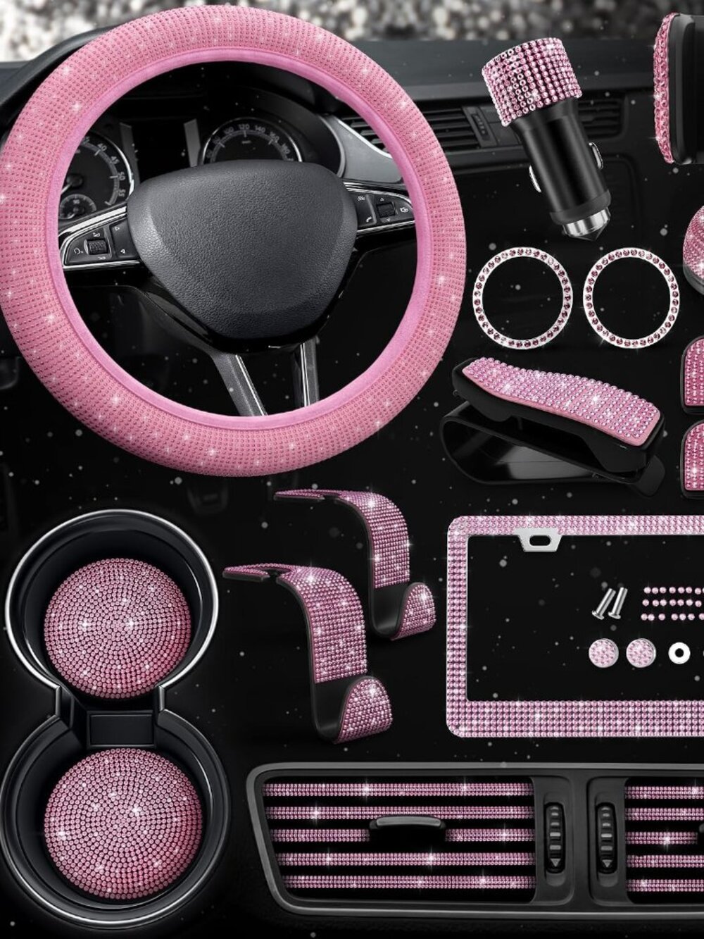 27 Pieces Pink Bling Car Accessories for Interior Styling Rhinestone Details